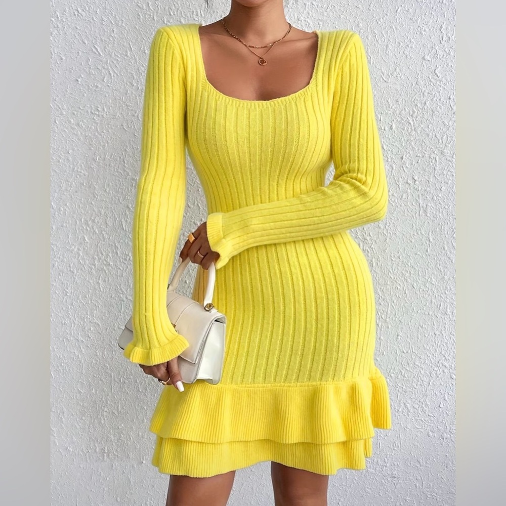 NWOT- Small Yellow Ribbed Knit Sweater Dress with Ruffle Hem and Square neck- S